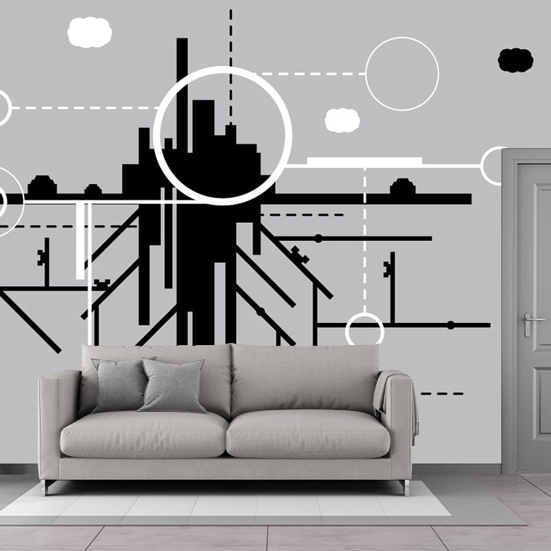 City Construction Wallpaper Murals Minimalist Non-Woven Cloth Wall Art in Black-Grey-White Clearhalo 'Wall Decor' 'Wall Mural' 1285574