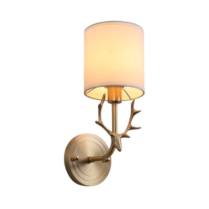 Modernism 1/2 Lights Wall Sconce with Fabric Shade Black/Gold Cylinder Wall Mount Light Fixture with Metal Antler Clearhalo 'Cast Iron' 'Glass' 'Industrial' 'Modern wall lights' 'Modern' 'Tiffany' 'Traditional wall lights' 'Wall Lamps & Sconces' 'Wall Lights' Lighting' 128580