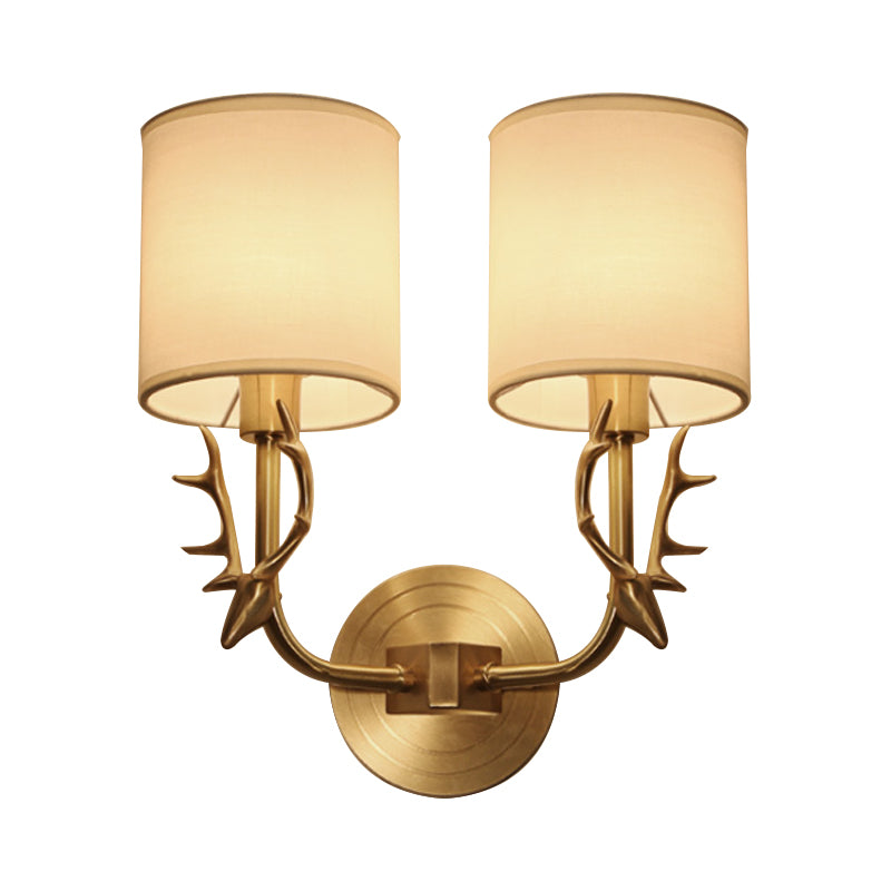 Modernism 1/2 Lights Wall Sconce with Fabric Shade Black/Gold Cylinder Wall Mount Light Fixture with Metal Antler Clearhalo 'Cast Iron' 'Glass' 'Industrial' 'Modern wall lights' 'Modern' 'Tiffany' 'Traditional wall lights' 'Wall Lamps & Sconces' 'Wall Lights' Lighting' 128587