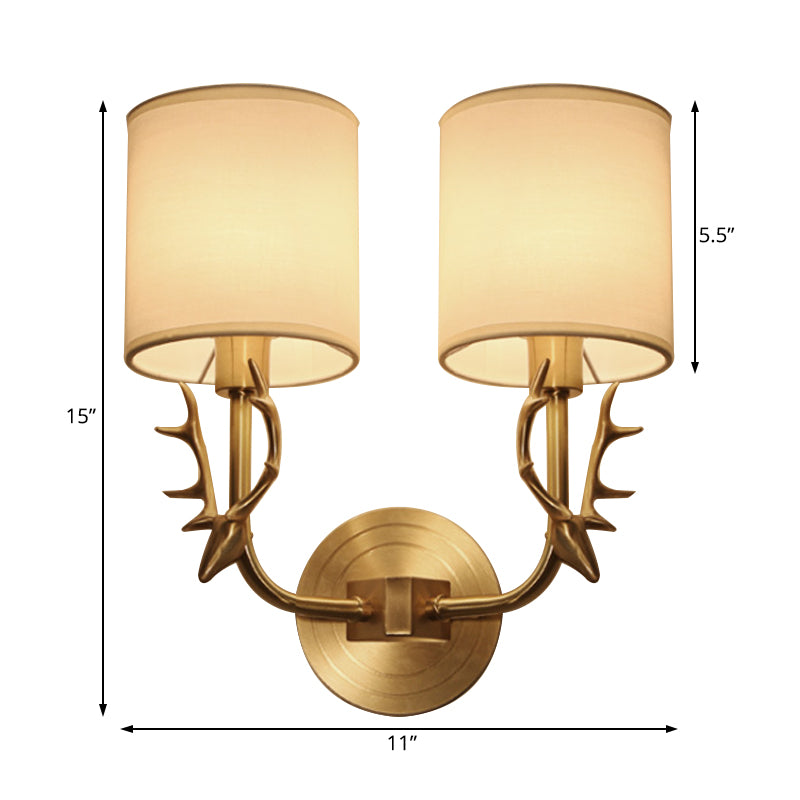 Modernism 1/2 Lights Wall Sconce with Fabric Shade Black/Gold Cylinder Wall Mount Light Fixture with Metal Antler Clearhalo 'Cast Iron' 'Glass' 'Industrial' 'Modern wall lights' 'Modern' 'Tiffany' 'Traditional wall lights' 'Wall Lamps & Sconces' 'Wall Lights' Lighting' 128588