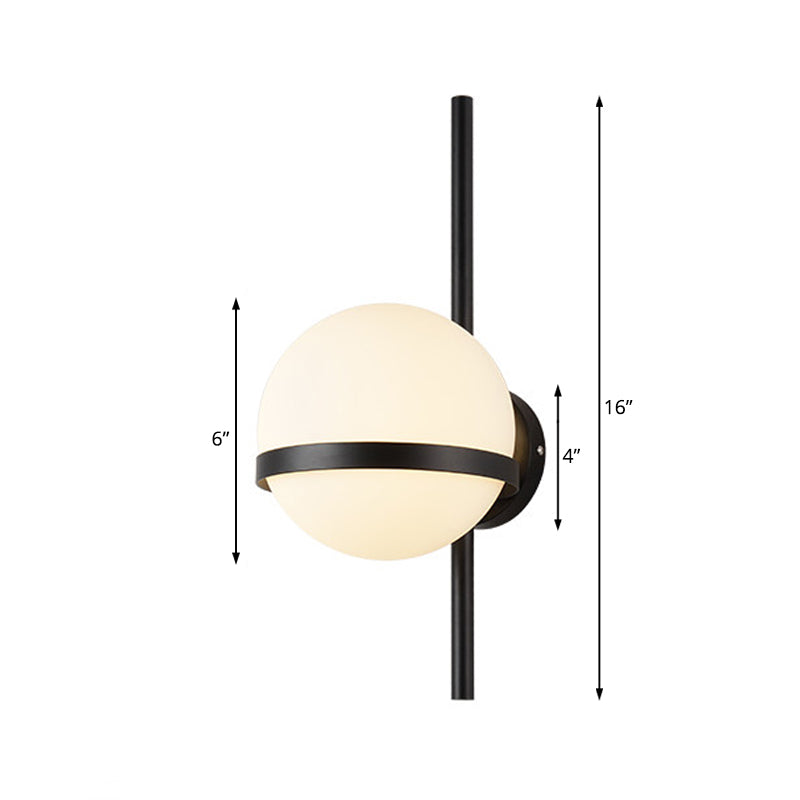 Black/Gold Vertical Wall Sconce Fixture Modern 1 Head Metal Wall Lamp with Orbit Opal Glass Shade, 6"/8" Width Clearhalo 'Cast Iron' 'Glass' 'Industrial' 'Modern wall lights' 'Modern' 'Tiffany' 'Traditional wall lights' 'Wall Lamps & Sconces' 'Wall Lights' Lighting' 128800