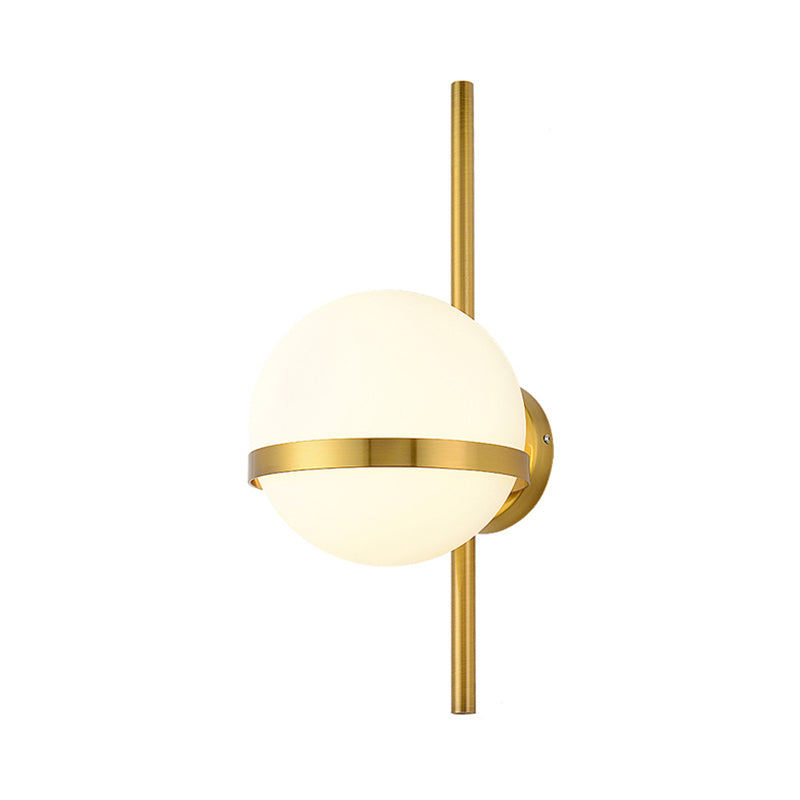Black/Gold Vertical Wall Sconce Fixture Modern 1 Head Metal Wall Lamp with Orbit Opal Glass Shade, 6"/8" Width Clearhalo 'Cast Iron' 'Glass' 'Industrial' 'Modern wall lights' 'Modern' 'Tiffany' 'Traditional wall lights' 'Wall Lamps & Sconces' 'Wall Lights' Lighting' 128804