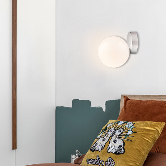 Round Ball Wall Light Sconce Modern Style Milk Glass 6"/8" W 1 Bulb Silver Finish Wall Mounted Lamp for Living Room Clearhalo 'Cast Iron' 'Glass' 'Industrial' 'Modern wall lights' 'Modern' 'Tiffany' 'Traditional wall lights' 'Wall Lamps & Sconces' 'Wall Lights' Lighting' 128807
