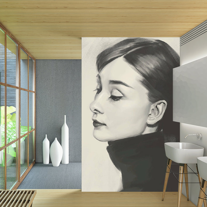 Women Side Face Sketch Mural Wallpaper Black-Grey Classic Wall Covering for Bedroom Clearhalo 'Wall Decor' 'Wall Mural' 1289052