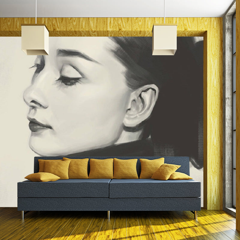 Women Side Face Sketch Mural Wallpaper Black-Grey Classic Wall Covering for Bedroom Clearhalo 'Wall Decor' 'Wall Mural' 1289053