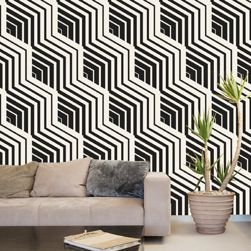 Black-White Modern Art Mural Wallpaper Whole Diagonal Chevron Pattern Wall Decor for Home Black-White Clearhalo 'Wall Decor' 'Wall Mural' 1289141