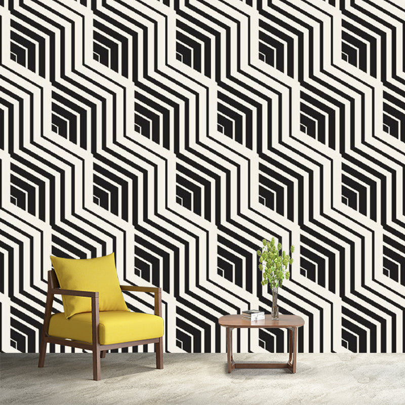 Black-White Modern Art Mural Wallpaper Whole Diagonal Chevron Pattern Wall Decor for Home Clearhalo 'Wall Decor' 'Wall Mural' 1289142