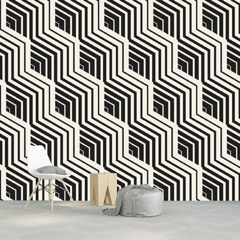 Black-White Modern Art Mural Wallpaper Whole Diagonal Chevron Pattern Wall Decor for Home Clearhalo 'Wall Decor' 'Wall Mural' 1289143