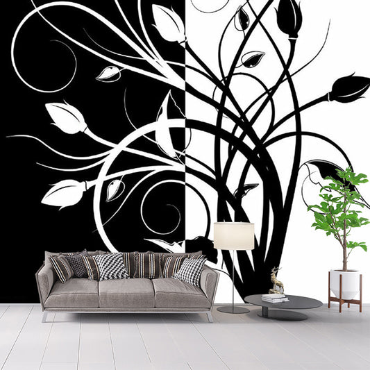 Swirled Flower Buds Mural Wallpaper Black-White Minimalistic Wall Art for Bedroom Clearhalo 'Wall Decor' 'Wall Mural' 1289152