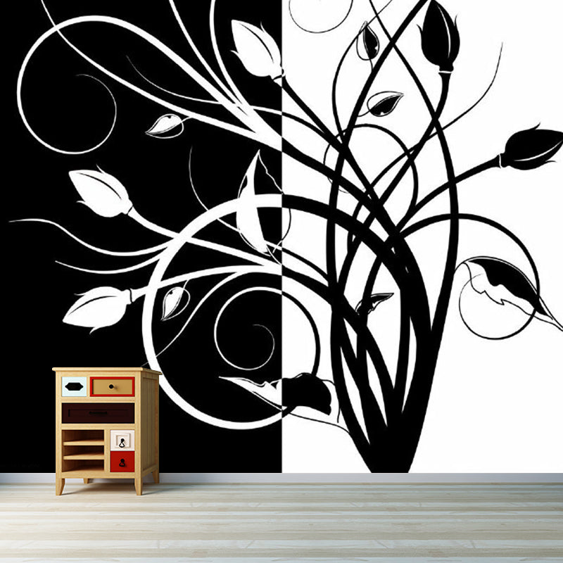 Swirled Flower Buds Mural Wallpaper Black-White Minimalistic Wall Art for Bedroom Clearhalo 'Wall Decor' 'Wall Mural' 1289153