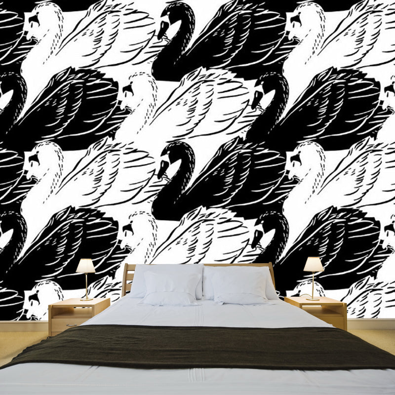 Black-White Swan Wall Murals Decal Stain-Resistant Wall Covering for Living Room Black-White Clearhalo 'Wall Decor' 'Wall Mural' 1289161