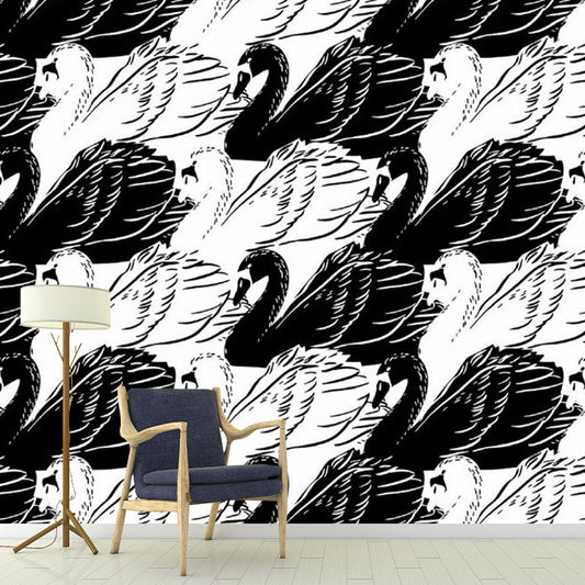 Black-White Swan Wall Murals Decal Stain-Resistant Wall Covering for Living Room Clearhalo 'Wall Decor' 'Wall Mural' 1289162