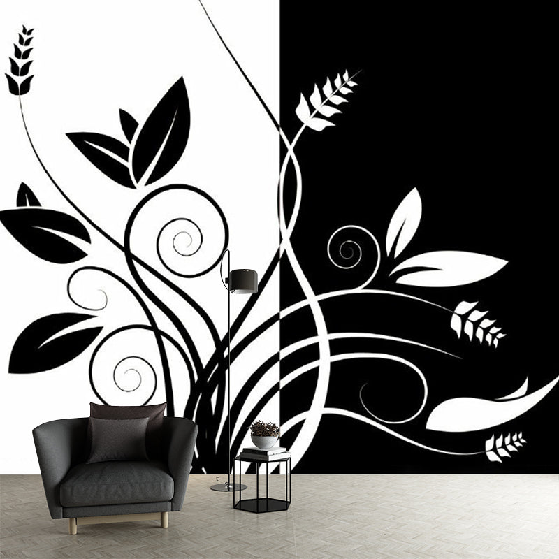 Black-White Floral Wallpaper Mural Stain-Proof Minimalist Bedroom Wall Decoration Black-White Clearhalo 'Wall Decor' 'Wall Mural' 1289166