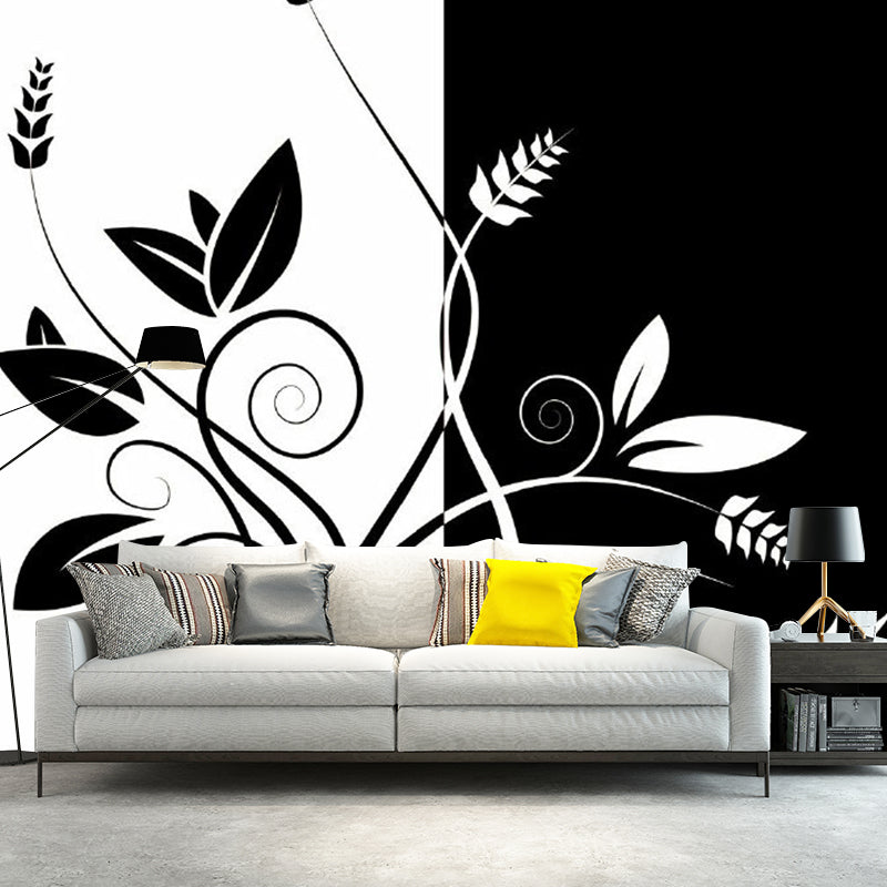 Black-White Floral Wallpaper Mural Stain-Proof Minimalist Bedroom Wall Decoration Clearhalo 'Wall Decor' 'Wall Mural' 1289168