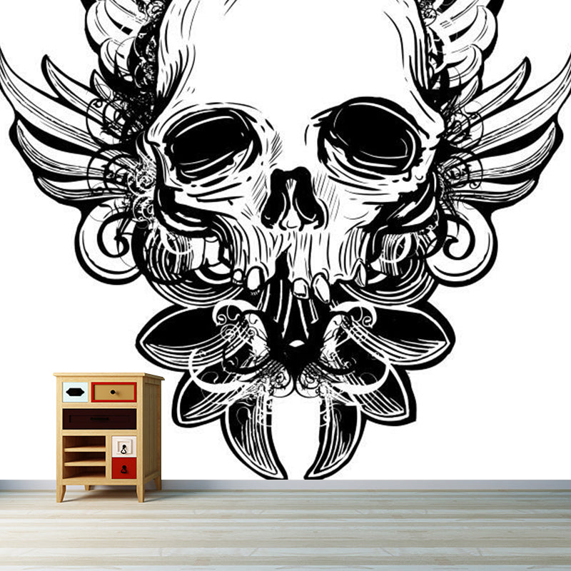 Strange Skull Mural Decal Black and White Waterproofing Wall Art for Living Room Black-White Clearhalo 'Wall Decor' 'Wall Mural' 1289201