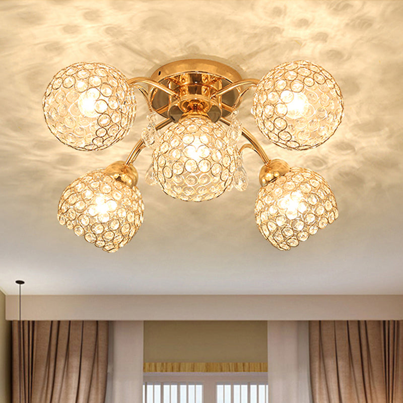 5 Heads Semi Flush Mount with Spherical Crystal Traditional Bedchamber Ceiling Mount Gold Clearhalo 'Ceiling Lights' 'Close To Ceiling Lights' 'Close to ceiling' 'Semi-flushmount' Lighting' 1289583