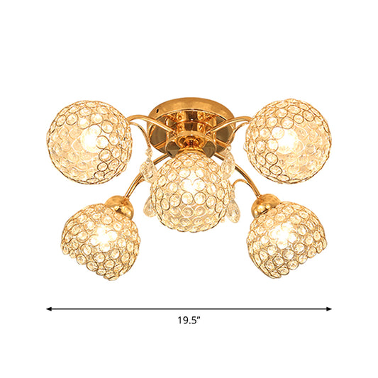 5 Heads Semi Flush Mount with Spherical Crystal Traditional Bedchamber Ceiling Mount Clearhalo 'Ceiling Lights' 'Close To Ceiling Lights' 'Close to ceiling' 'Semi-flushmount' Lighting' 1289586