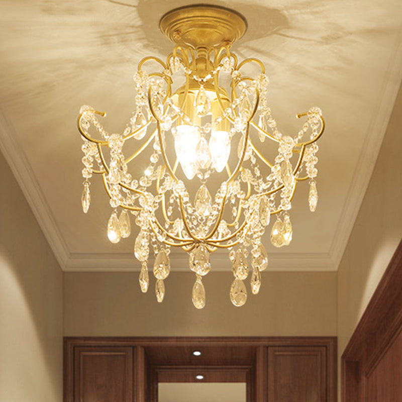 Gold Swooping Arm Semi Flush Light Contemporary Crystal Stands 3 Heads Porch Ceiling Flush Clearhalo 'Ceiling Lights' 'Close To Ceiling Lights' 'Close to ceiling' 'Semi-flushmount' Lighting' 1289592