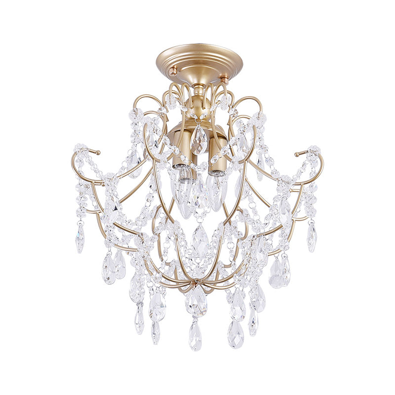 Gold Swooping Arm Semi Flush Light Contemporary Crystal Stands 3 Heads Porch Ceiling Flush Clearhalo 'Ceiling Lights' 'Close To Ceiling Lights' 'Close to ceiling' 'Semi-flushmount' Lighting' 1289593