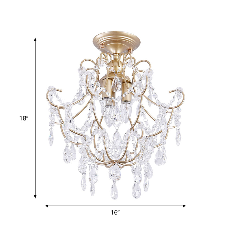 Gold Swooping Arm Semi Flush Light Contemporary Crystal Stands 3 Heads Porch Ceiling Flush Clearhalo 'Ceiling Lights' 'Close To Ceiling Lights' 'Close to ceiling' 'Semi-flushmount' Lighting' 1289594