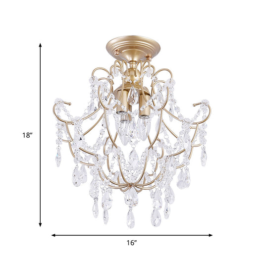 Gold Swooping Arm Semi Flush Light Contemporary Crystal Stands 3 Heads Porch Ceiling Flush Clearhalo 'Ceiling Lights' 'Close To Ceiling Lights' 'Close to ceiling' 'Semi-flushmount' Lighting' 1289594