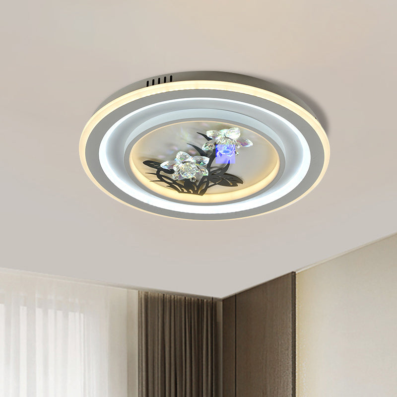 LED Metal Ceiling Fixture Contemporary White Round/Square Living Room Flush Mount Lamp with Flower Crystal Deco White Round Clearhalo 'Ceiling Lights' 'Close To Ceiling Lights' 'Close to ceiling' 'Flush mount' Lighting' 1289607