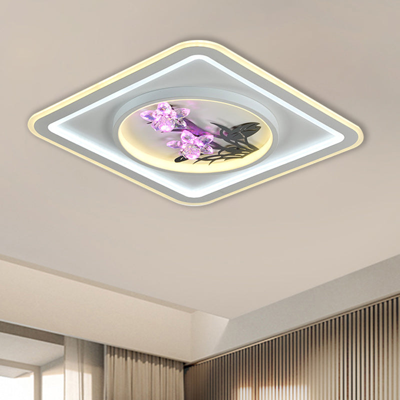 LED Metal Ceiling Fixture Contemporary White Round/Square Living Room Flush Mount Lamp with Flower Crystal Deco White Square Plate Clearhalo 'Ceiling Lights' 'Close To Ceiling Lights' 'Close to ceiling' 'Flush mount' Lighting' 1289611