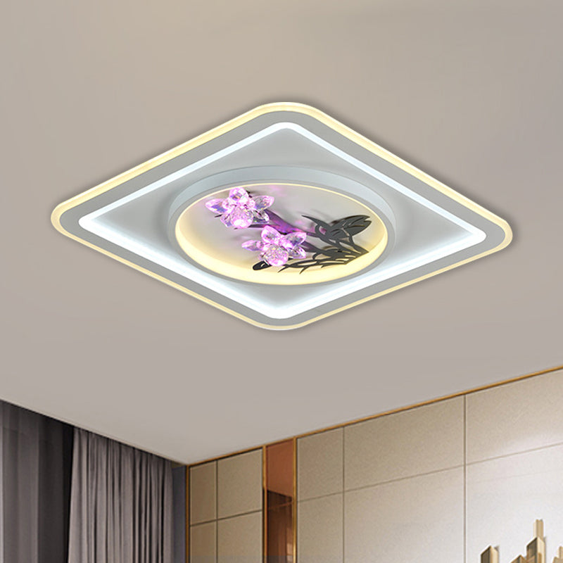 LED Metal Ceiling Fixture Contemporary White Round/Square Living Room Flush Mount Lamp with Flower Crystal Deco Clearhalo 'Ceiling Lights' 'Close To Ceiling Lights' 'Close to ceiling' 'Flush mount' Lighting' 1289612