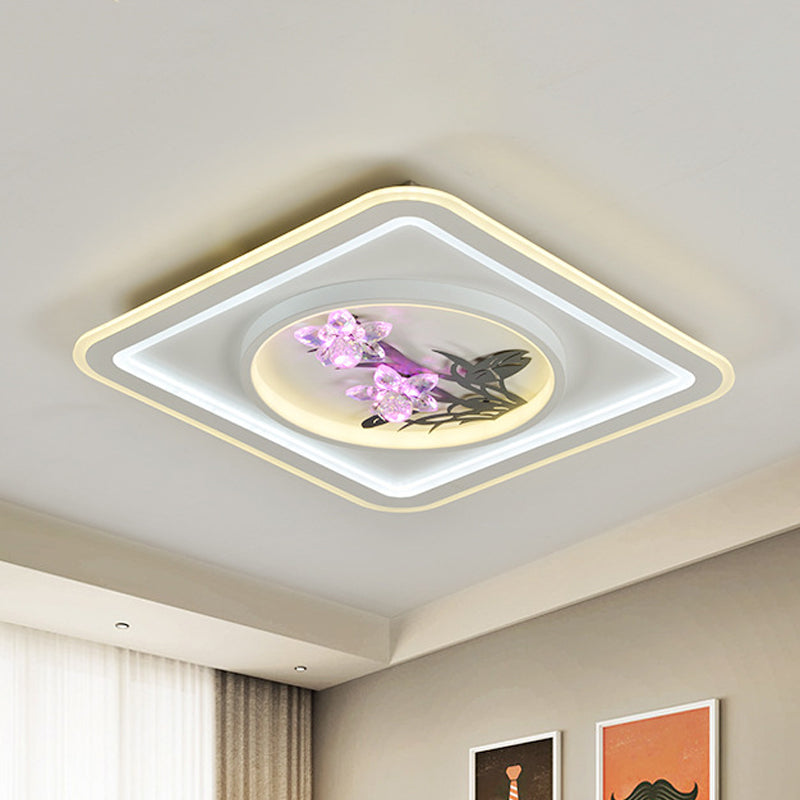 LED Metal Ceiling Fixture Contemporary White Round/Square Living Room Flush Mount Lamp with Flower Crystal Deco Clearhalo 'Ceiling Lights' 'Close To Ceiling Lights' 'Close to ceiling' 'Flush mount' Lighting' 1289613