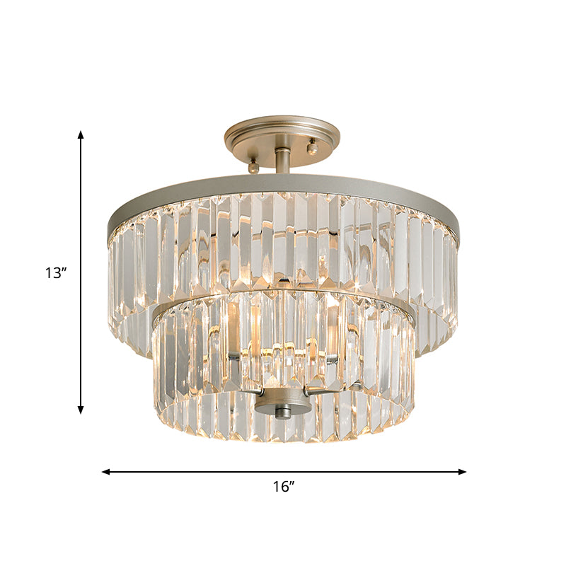 3 Bulbs Semi Flush Light with 2-Tier Cylinder Shade Clear Crystal Modern Dinning Room Ceiling Lamp Clearhalo 'Ceiling Lights' 'Close To Ceiling Lights' 'Close to ceiling' 'Semi-flushmount' Lighting' 1289702