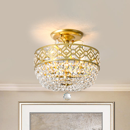 3 Heads Light Fixture with Dropped Ball Crystal Contemporary Porch Semi-Flush Mount in Gold Gold Clearhalo 'Ceiling Lights' 'Close To Ceiling Lights' 'Close to ceiling' 'Semi-flushmount' Lighting' 1289703