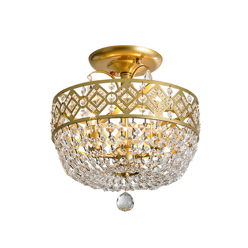 3 Heads Light Fixture with Dropped Ball Crystal Contemporary Porch Semi-Flush Mount in Gold Clearhalo 'Ceiling Lights' 'Close To Ceiling Lights' 'Close to ceiling' 'Semi-flushmount' Lighting' 1289705