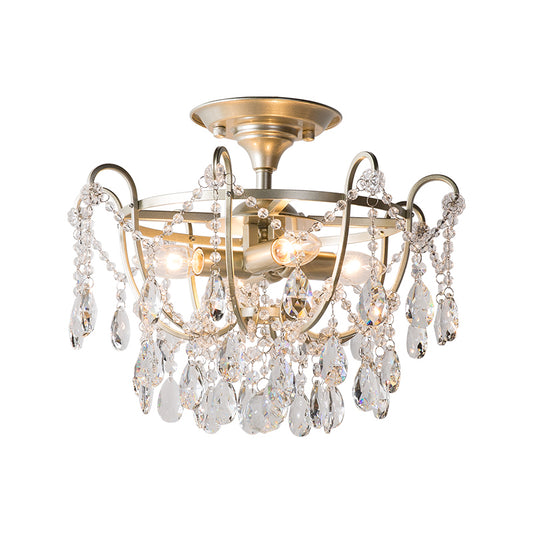 Gold Raindrop Semi Flush Light Traditional Crystal 4 Bulbs Drawing Room Ceiling Fixture Clearhalo 'Ceiling Lights' 'Close To Ceiling Lights' 'Close to ceiling' 'Semi-flushmount' Lighting' 1289708