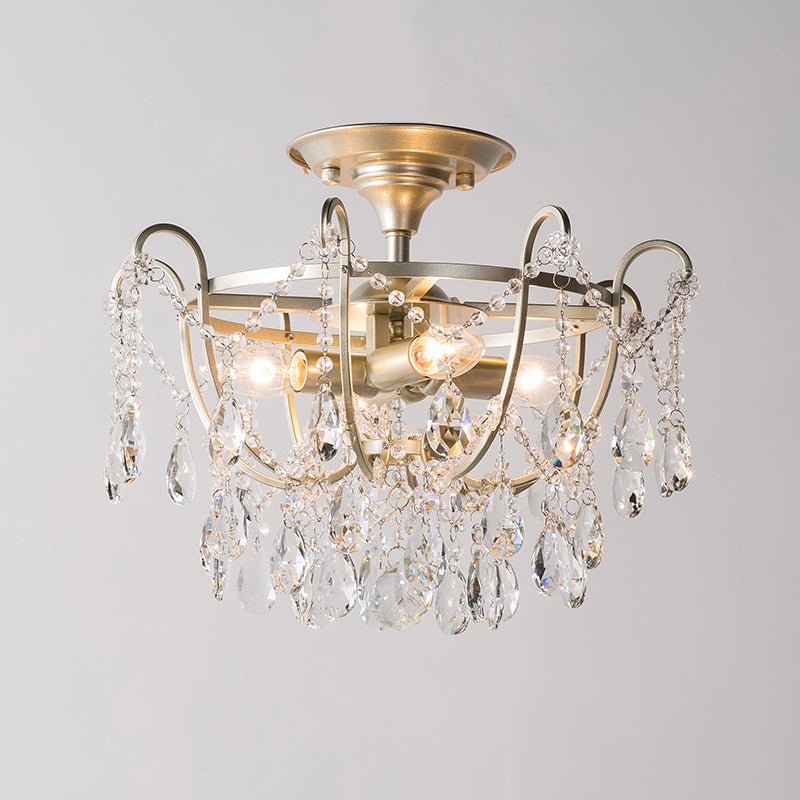 Gold Raindrop Semi Flush Light Traditional Crystal 4 Bulbs Drawing Room Ceiling Fixture Clearhalo 'Ceiling Lights' 'Close To Ceiling Lights' 'Close to ceiling' 'Semi-flushmount' Lighting' 1289709