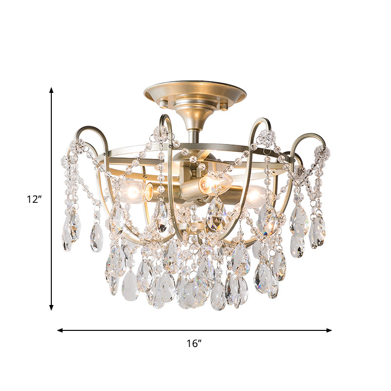 Gold Raindrop Semi Flush Light Traditional Crystal 4 Bulbs Drawing Room Ceiling Fixture Clearhalo 'Ceiling Lights' 'Close To Ceiling Lights' 'Close to ceiling' 'Semi-flushmount' Lighting' 1289710