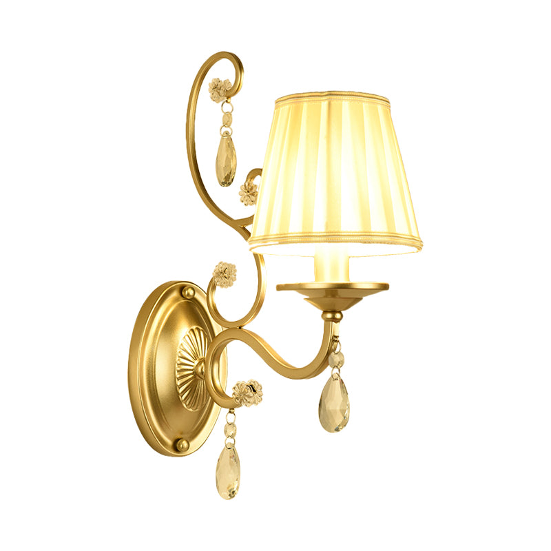 1 Bulb Tapered Surface Wall Sconce Modern Gold Fabric Wall Mount Light Fixture for Bedroom Clearhalo 'Cast Iron' 'Glass' 'Industrial' 'Modern wall lights' 'Modern' 'Tiffany' 'Traditional wall lights' 'Wall Lamps & Sconces' 'Wall Lights' Lighting' 1289717