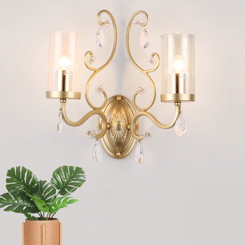 Cylinder Clear Glass Wall Light Sconce Contemporary 1/2 Heads Sleeping Room Wall Mounted Lamp in Gold Clearhalo 'Cast Iron' 'Glass' 'Industrial' 'Modern wall lights' 'Modern' 'Tiffany' 'Traditional wall lights' 'Wall Lamps & Sconces' 'Wall Lights' Lighting' 1289742