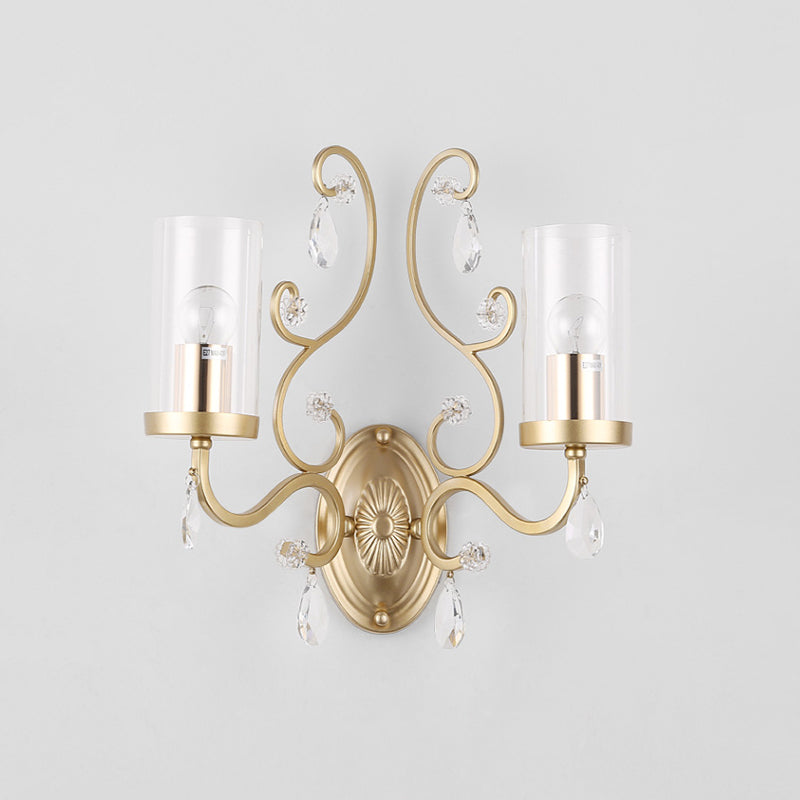 Cylinder Clear Glass Wall Light Sconce Contemporary 1/2 Heads Sleeping Room Wall Mounted Lamp in Gold Clearhalo 'Cast Iron' 'Glass' 'Industrial' 'Modern wall lights' 'Modern' 'Tiffany' 'Traditional wall lights' 'Wall Lamps & Sconces' 'Wall Lights' Lighting' 1289743