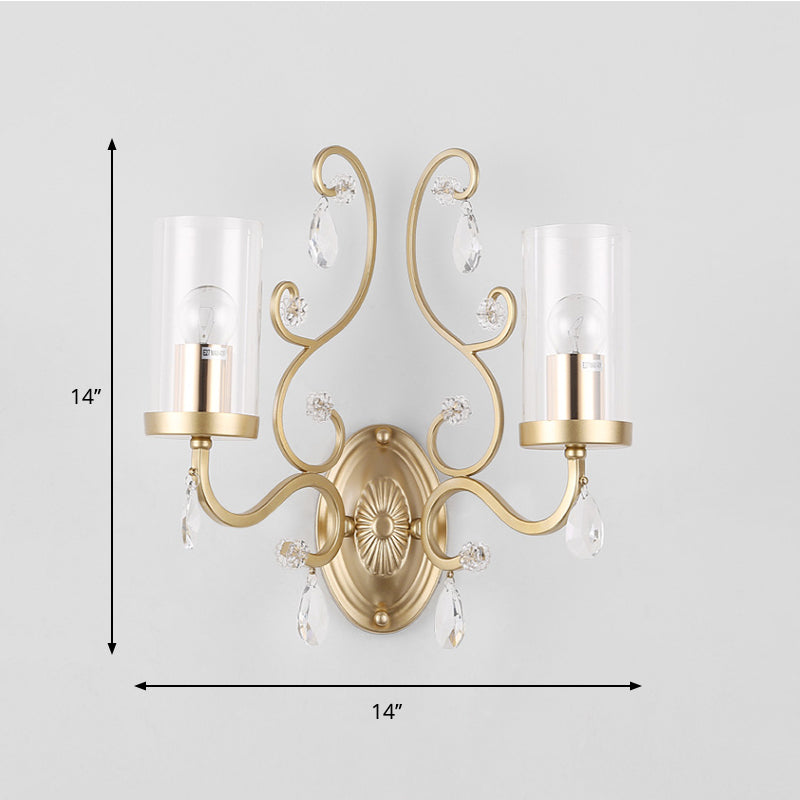 Cylinder Clear Glass Wall Light Sconce Contemporary 1/2 Heads Sleeping Room Wall Mounted Lamp in Gold Clearhalo 'Cast Iron' 'Glass' 'Industrial' 'Modern wall lights' 'Modern' 'Tiffany' 'Traditional wall lights' 'Wall Lamps & Sconces' 'Wall Lights' Lighting' 1289744