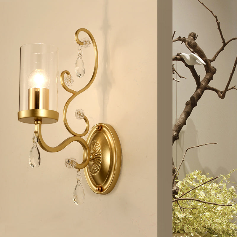 Cylinder Clear Glass Wall Light Sconce Contemporary 1/2 Heads Sleeping Room Wall Mounted Lamp in Gold 1.0 Gold Clearhalo 'Cast Iron' 'Glass' 'Industrial' 'Modern wall lights' 'Modern' 'Tiffany' 'Traditional wall lights' 'Wall Lamps & Sconces' 'Wall Lights' Lighting' 1289745