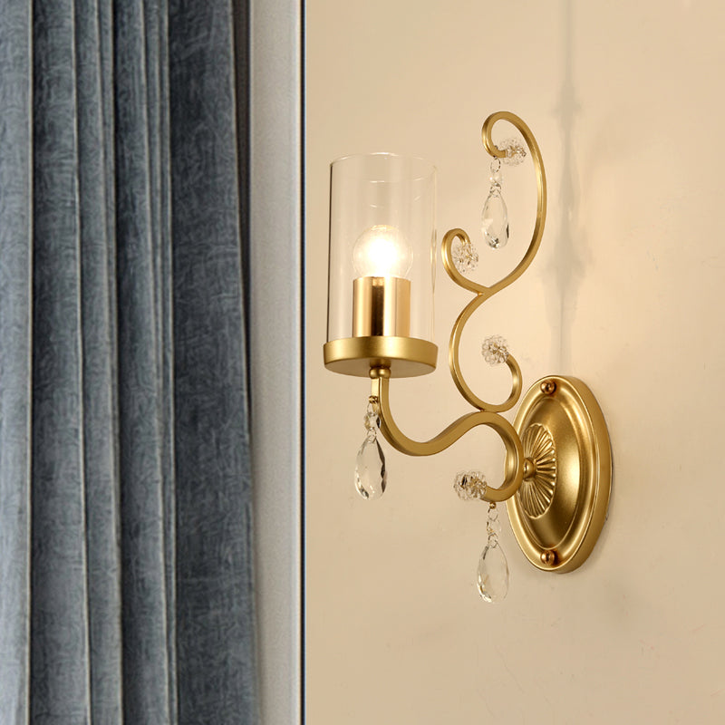 Cylinder Clear Glass Wall Light Sconce Contemporary 1/2 Heads Sleeping Room Wall Mounted Lamp in Gold Clearhalo 'Cast Iron' 'Glass' 'Industrial' 'Modern wall lights' 'Modern' 'Tiffany' 'Traditional wall lights' 'Wall Lamps & Sconces' 'Wall Lights' Lighting' 1289746
