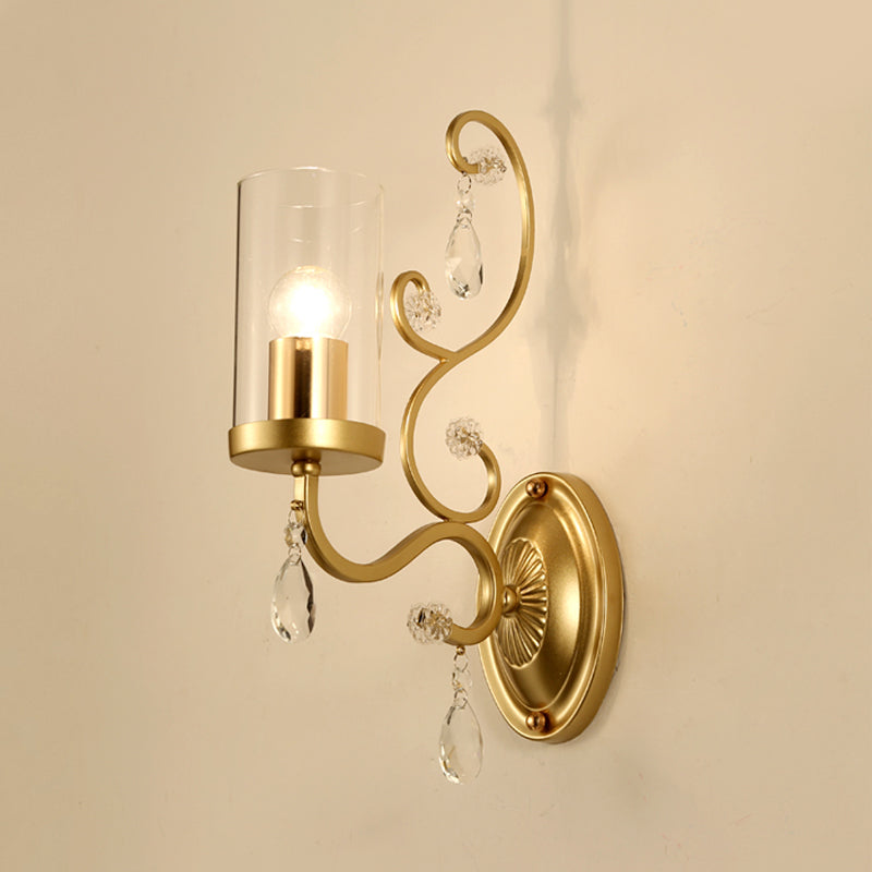 Cylinder Clear Glass Wall Light Sconce Contemporary 1/2 Heads Sleeping Room Wall Mounted Lamp in Gold Clearhalo 'Cast Iron' 'Glass' 'Industrial' 'Modern wall lights' 'Modern' 'Tiffany' 'Traditional wall lights' 'Wall Lamps & Sconces' 'Wall Lights' Lighting' 1289748