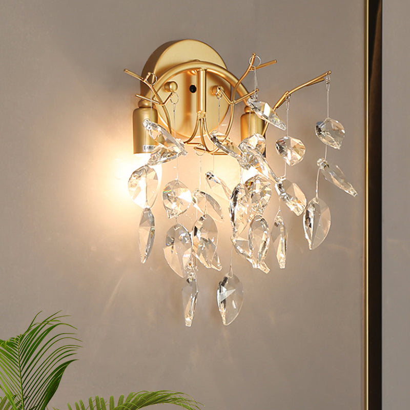 Gold 2 Bulbs Sconce Light Fixture Modern Crystal Leaf Branches Wall Sconce Lighting for Porch Clearhalo 'Modern wall lights' 'Modern' 'Wall Lamps & Sconces' 'Wall Lights' Lighting' 1289751