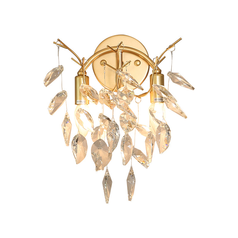 Gold 2 Bulbs Sconce Light Fixture Modern Crystal Leaf Branches Wall Sconce Lighting for Porch Clearhalo 'Modern wall lights' 'Modern' 'Wall Lamps & Sconces' 'Wall Lights' Lighting' 1289752