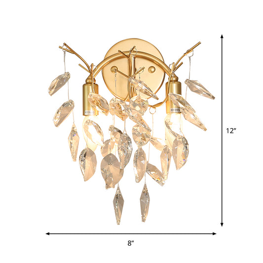 Gold 2 Bulbs Sconce Light Fixture Modern Crystal Leaf Branches Wall Sconce Lighting for Porch Clearhalo 'Modern wall lights' 'Modern' 'Wall Lamps & Sconces' 'Wall Lights' Lighting' 1289753