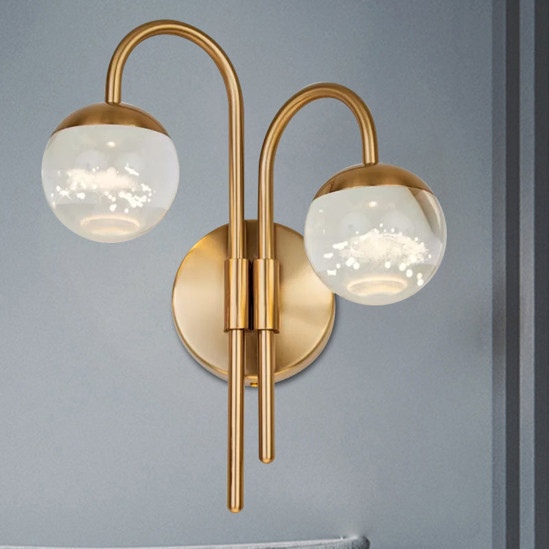 Spherical Great Room Surface Wall Sconce Modern Crystal 1/2 Bulbs Gold Wall Lighting Fixture 2.0 Gold Clearhalo 'Cast Iron' 'Glass' 'Industrial' 'Modern wall lights' 'Modern' 'Tiffany' 'Traditional wall lights' 'Wall Lamps & Sconces' 'Wall Lights' Lighting' 1289762
