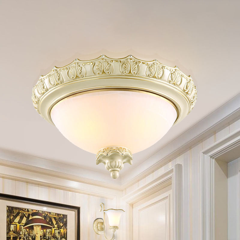 Bowl Opal Frosted Glass Flushmount Vintage 2/3-Bulb Living Room Flush Ceiling Light in White, 14"/16"/19.5" W White Clearhalo 'Ceiling Lights' 'Close To Ceiling Lights' 'Close to ceiling' 'Flush mount' Lighting' 1289780