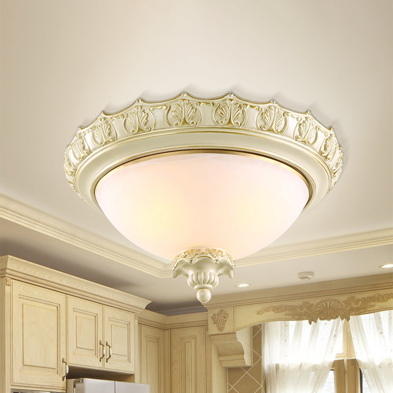 Bowl Opal Frosted Glass Flushmount Vintage 2/3-Bulb Living Room Flush Ceiling Light in White, 14"/16"/19.5" W Clearhalo 'Ceiling Lights' 'Close To Ceiling Lights' 'Close to ceiling' 'Flush mount' Lighting' 1289781