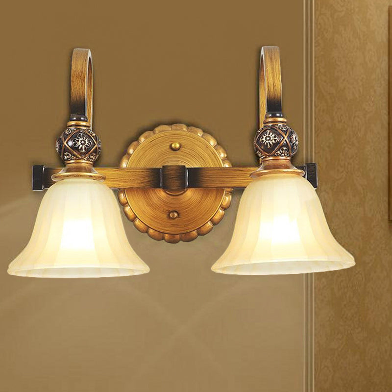 Frosted Glass Carillon Wall Lamp Traditional 2-Head Corridor Wall Light Sconce in Brass Clearhalo 'Wall Lamps & Sconces' 'Wall Lights' Lighting' 1289793