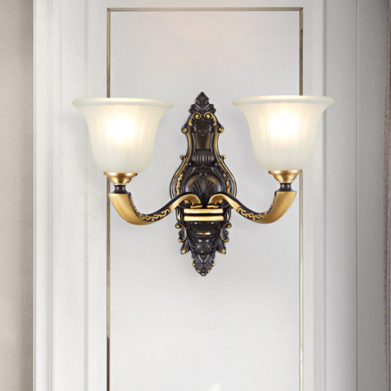 1/2-Bulb Bell Wall Mount Light Vintage Black and Gold Frosted White Glass Sconce for Bedroom 2.0 Black-Gold Clearhalo 'Wall Lamps & Sconces' 'Wall Lights' Lighting' 1289796